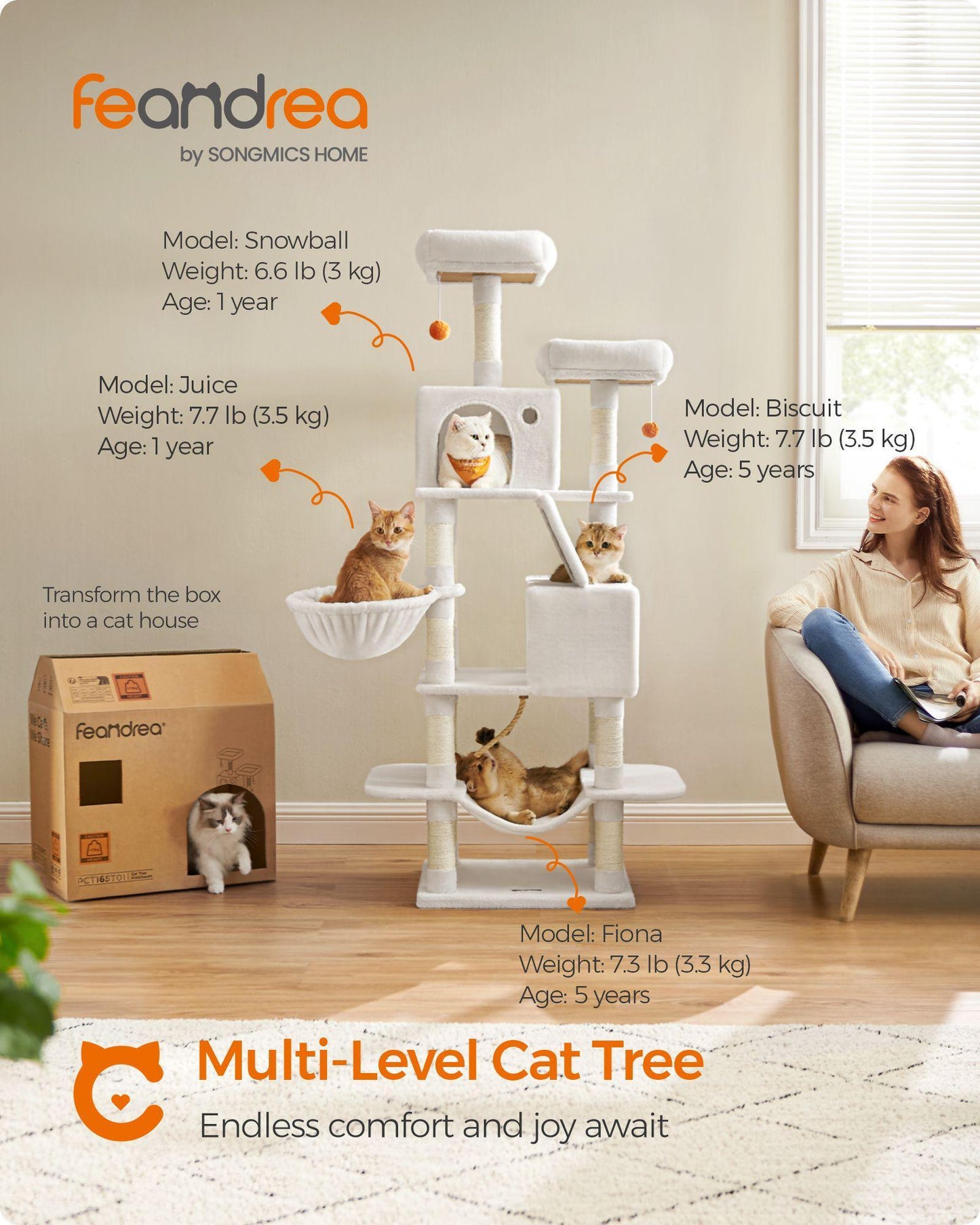 66.1" Tall Large Multi-Level Cat Tree with 13 Scratching Posts Cream White FredCo