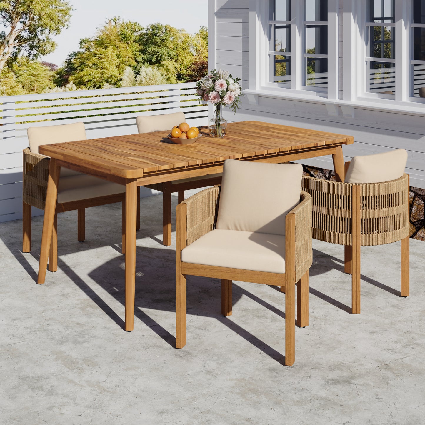 Outdoor Dining Set with Acacia Wood Table and 4 Chairs, Washable Waterproof Cushions, Slatted Tabletop for Patio Garden, Beige FredCo