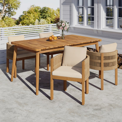 Outdoor Dining Set with Acacia Wood Table and 4 Chairs, Washable Waterproof Cushions, Slatted Tabletop for Patio Garden, Beige FredCo