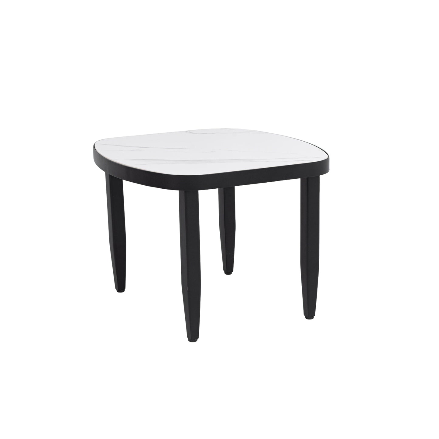 Modern Outdoor Elegance Arc 23.6'' Side Table with Greek White Marble-Inspired Sintered Stone Top, Aluminum Frame, Ember Black Finish, Post Tapered Legs & Rounded Corners, Weatherproof & Rust-Free