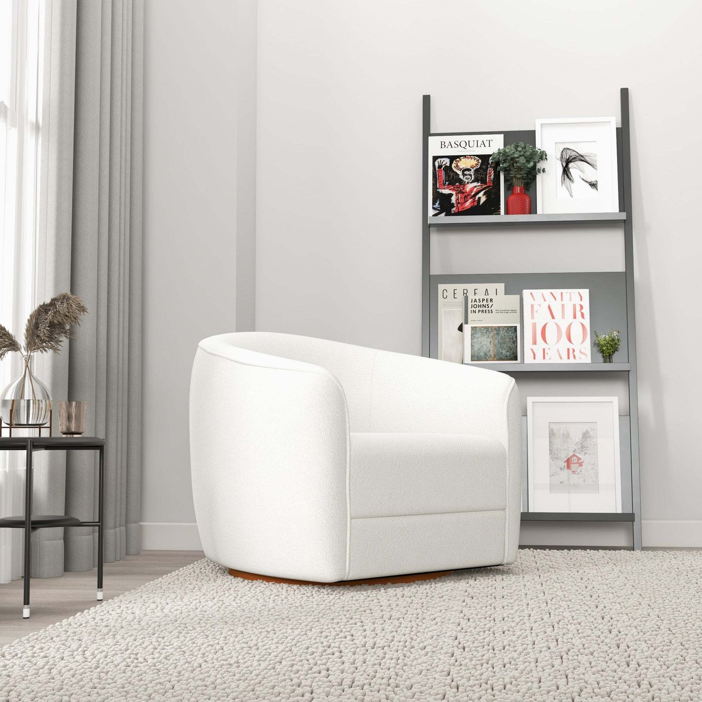 High Quality Elise Mid Century Modern Beige Boucle Swivel Chair with Elegant Design and Multi-functional Use 34.2W'x 30D'x 30H' Swivel Round Chairs for Living Room Bedroom Reading, White FredCo
