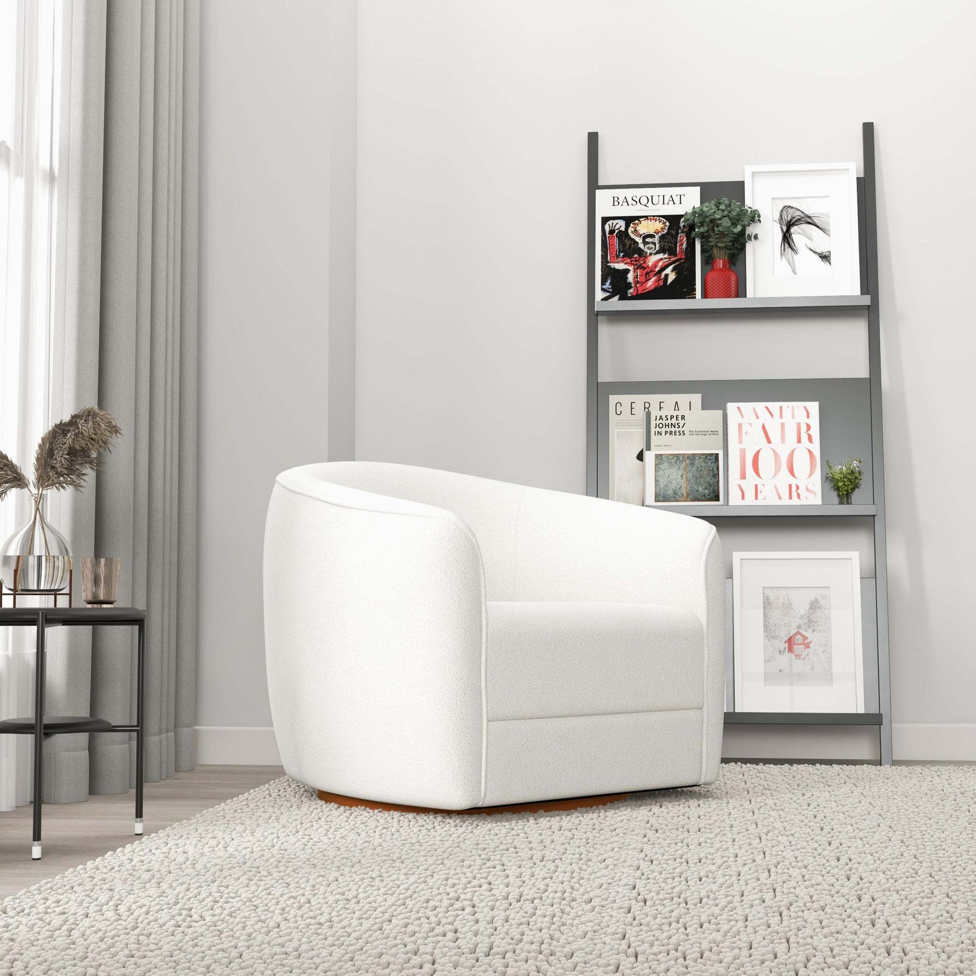 High Quality Elise Mid Century Modern Beige Boucle Swivel Chair with Elegant Design and Multi-functional Use 34.2W'x 30D'x 30H' Swivel Round Chairs for Living Room Bedroom Reading, White FredCo