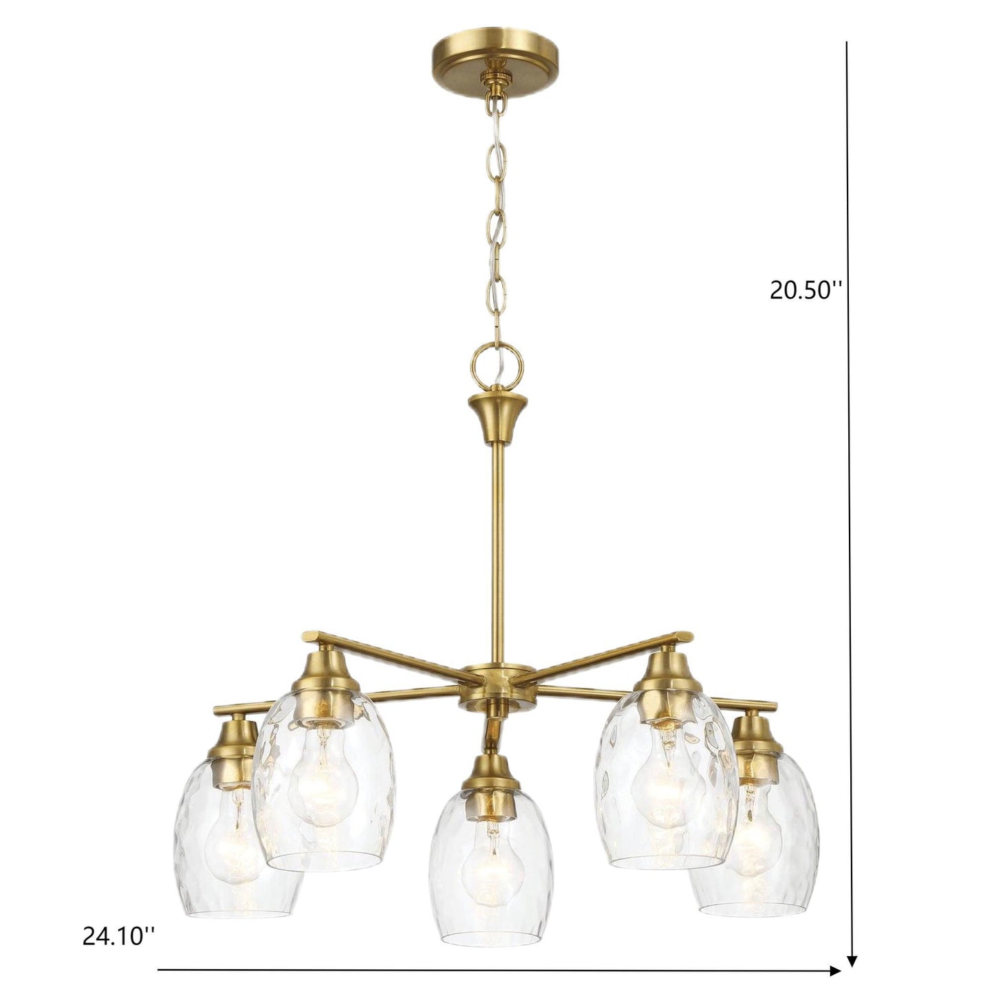 Elegance Five Lights Linear Arms Chandelier with Golden Brass Finish and Clear Water Glass 24'W x 8.5'H FredCo