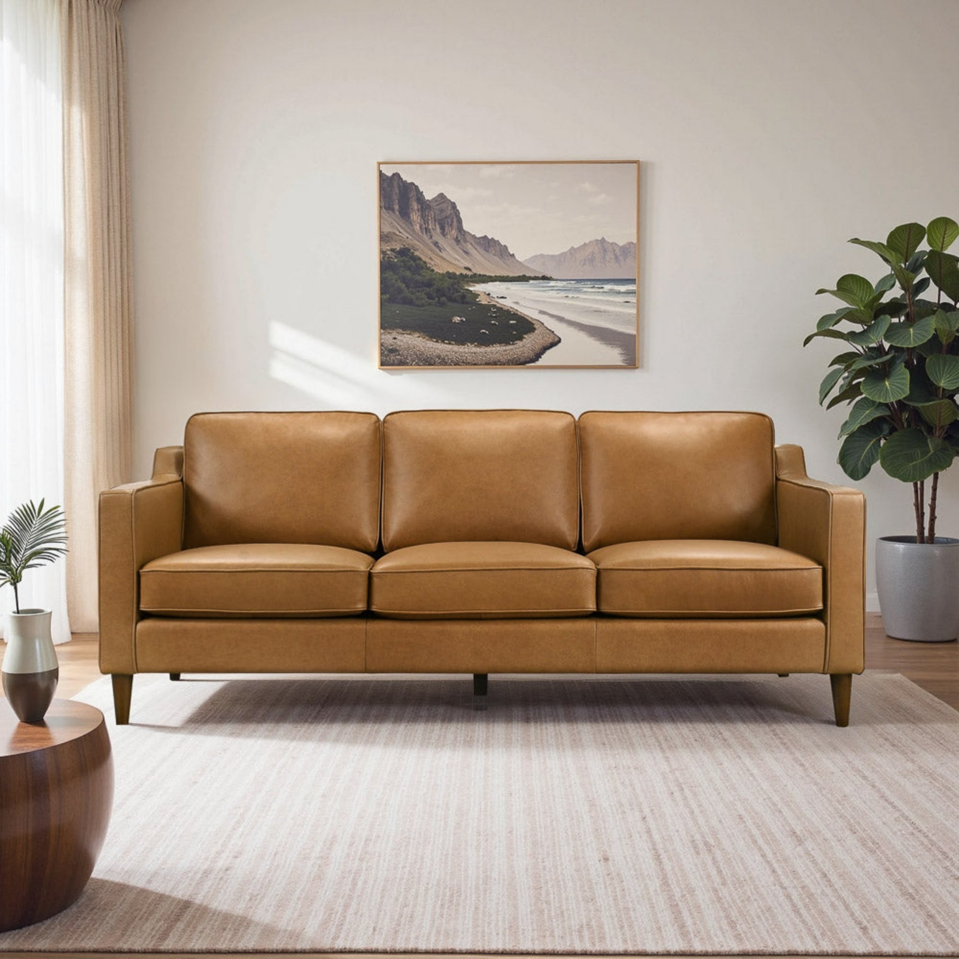 Cooper Mid Century Modern Tan Leather Sofa with Easy Maintenance and Solid Wood Frame FredCo