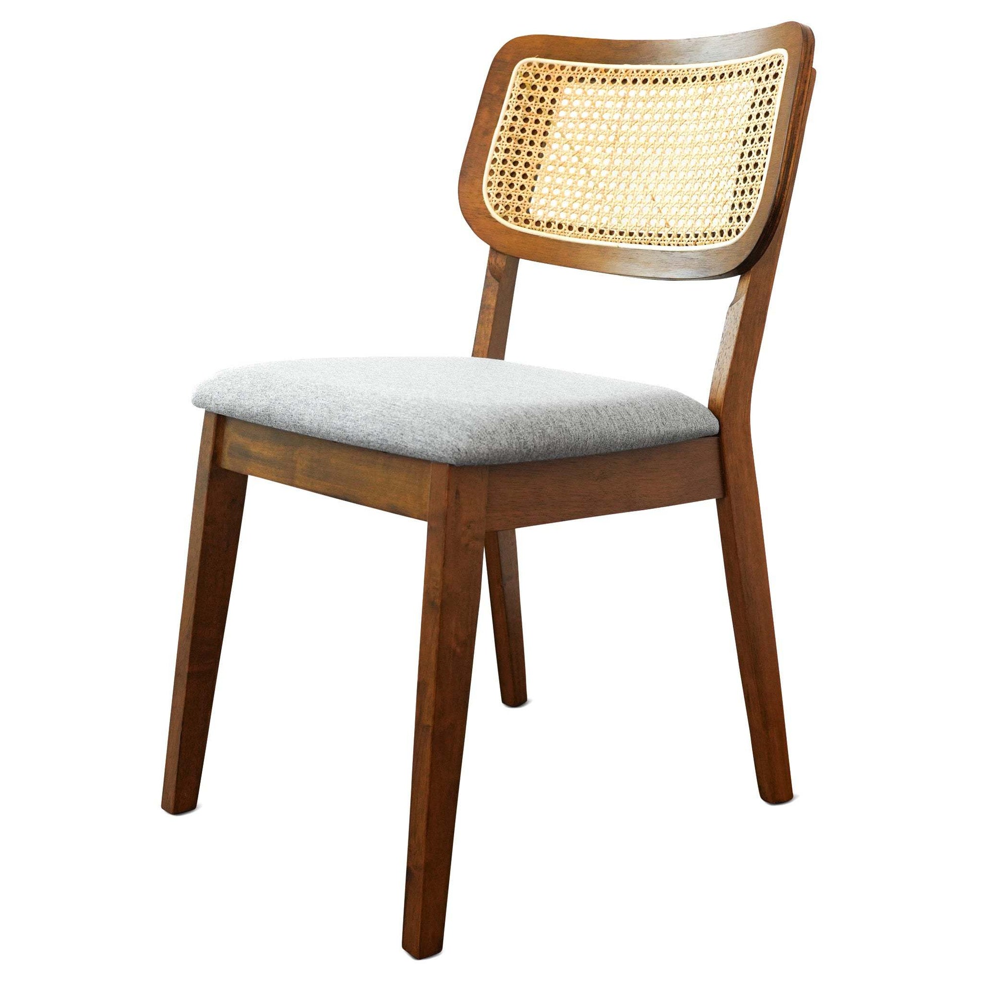 Modern wooden dining chair with cane backrest and gray upholstered seat from FredCo International