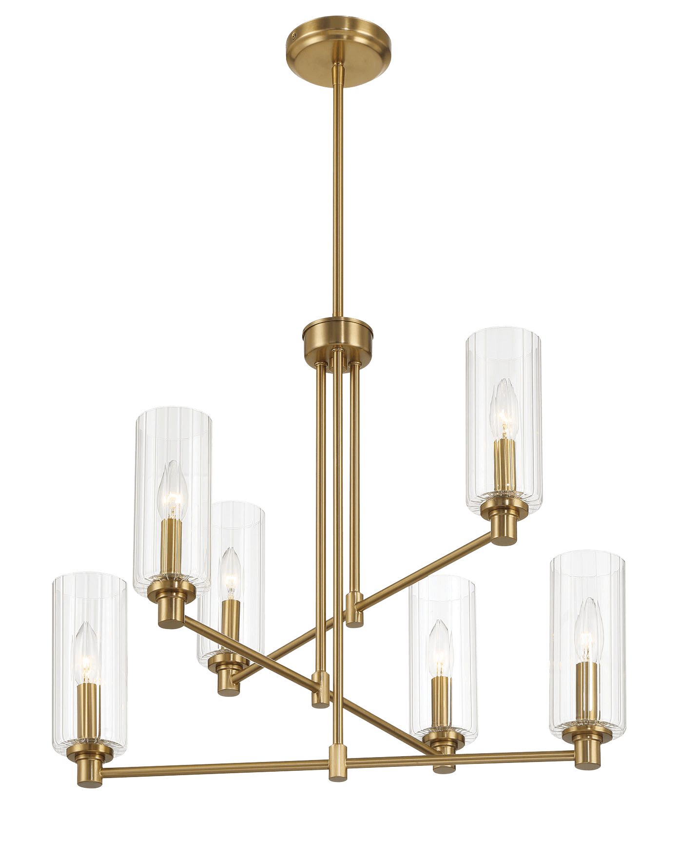 Modern gold metal chandelier with six clear glass shades, FredCo International furniture lighting