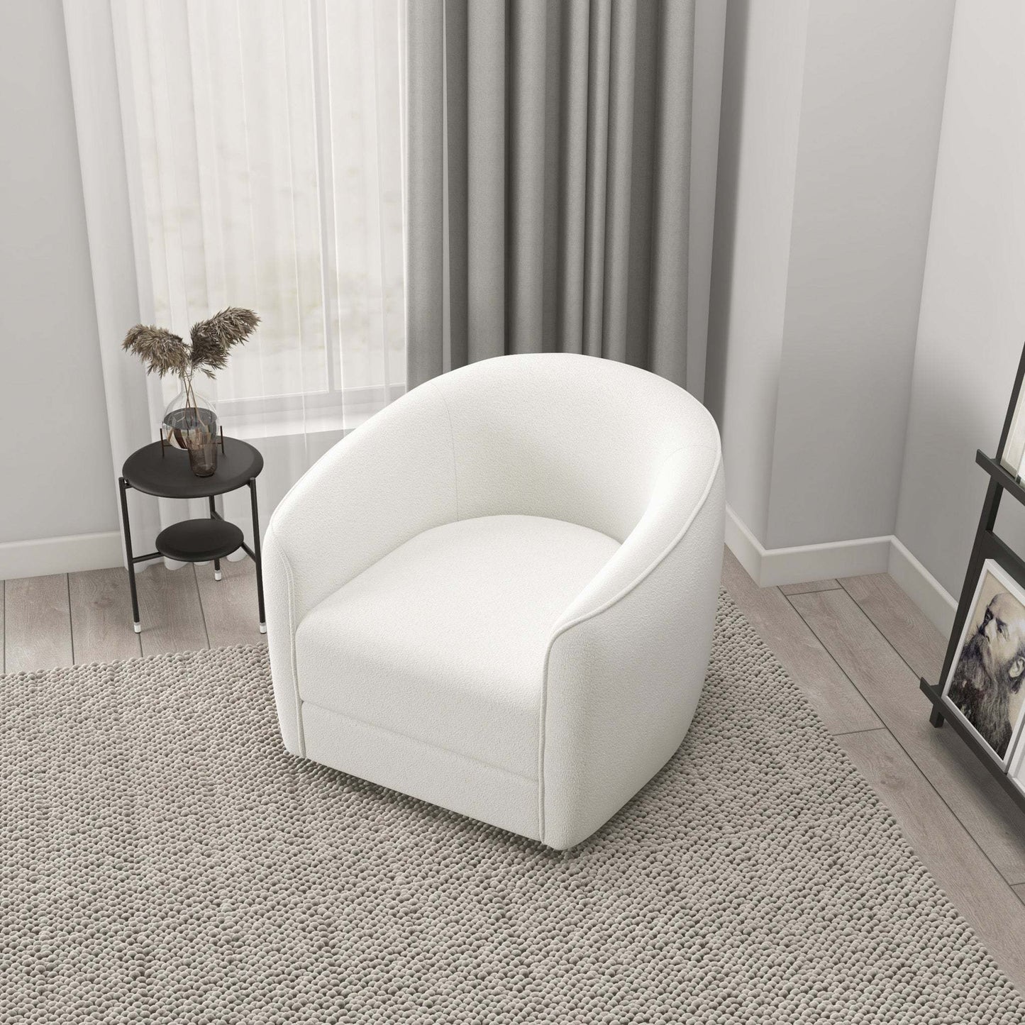 High Quality Elise Mid Century Modern Beige Boucle Swivel Chair with Elegant Design and Multi-functional Use 34.2W'x 30D'x 30H' Swivel Round Chairs for Living Room Bedroom Reading, White FredCo