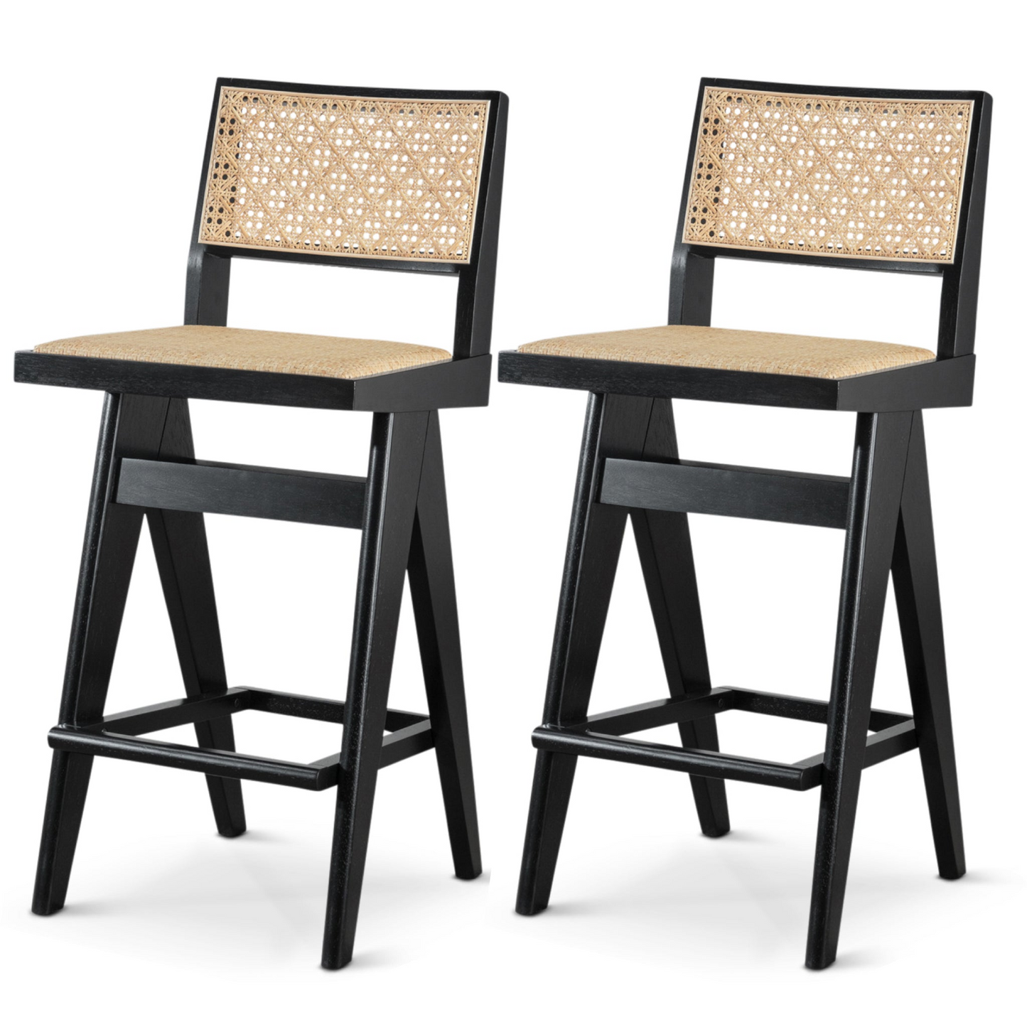 Keira Mid-Century Rattan Bar Stool Set of 2 with Leather Seat in Black 27.4In FredCo