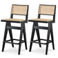 Keira Mid-Century Rattan Bar Stool Set of 2 with Leather Seat in Black 27.4In FredCo