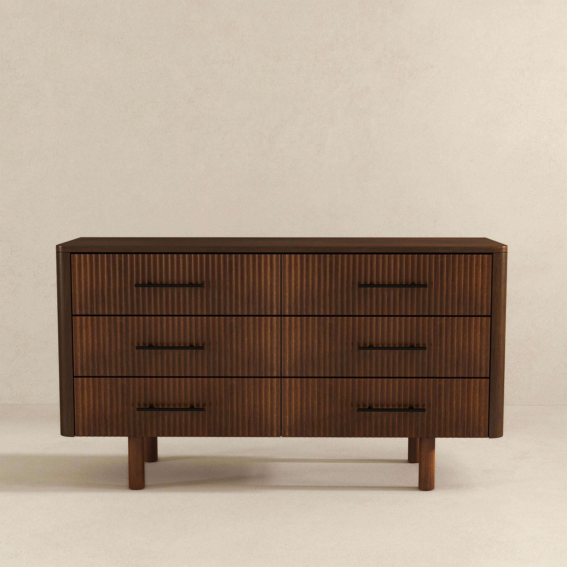 Modern wooden dresser with six drawers, ribbed texture, FredCo International furniture
