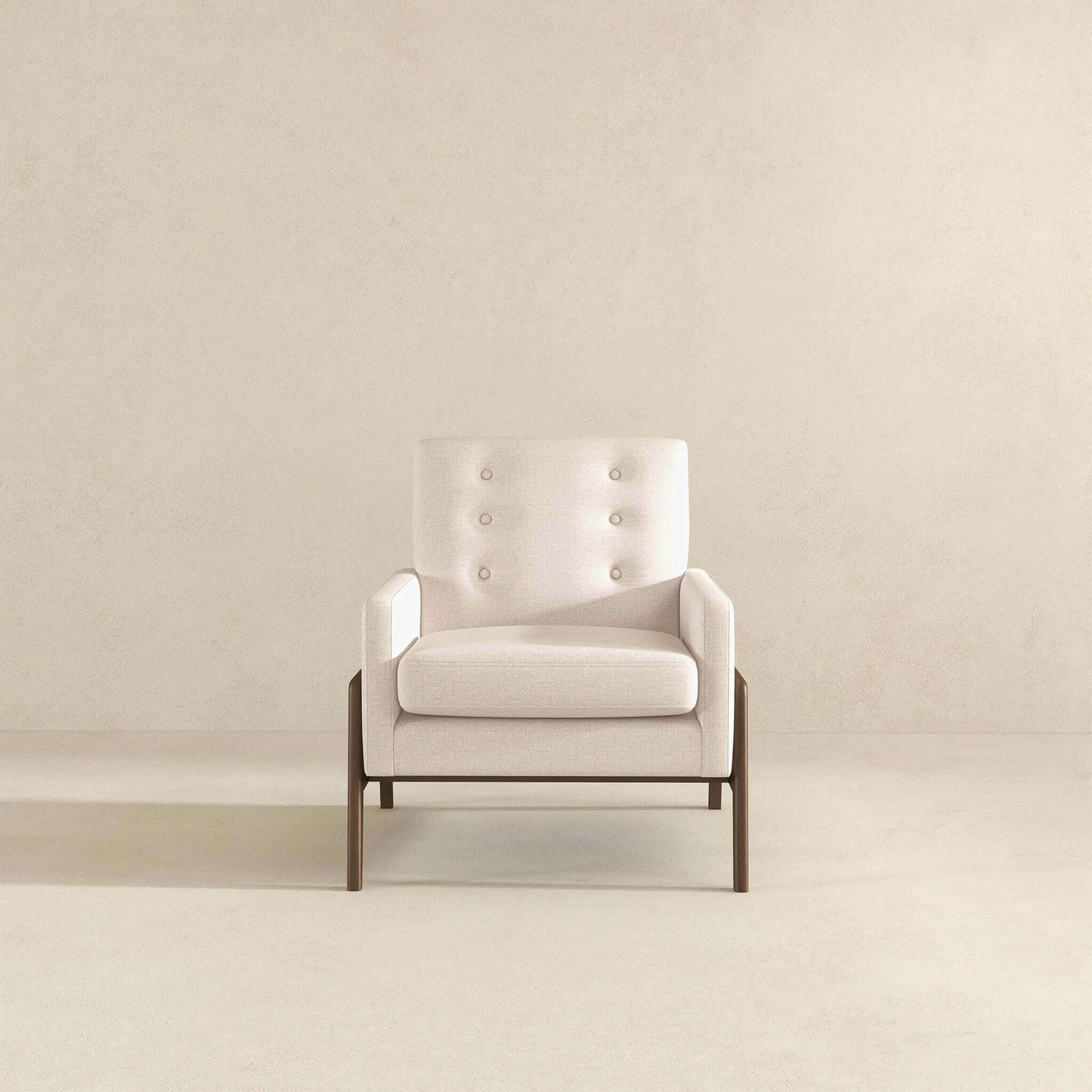 Modern beige accent chair with wood legs in minimalist setting, FredCo International furniture