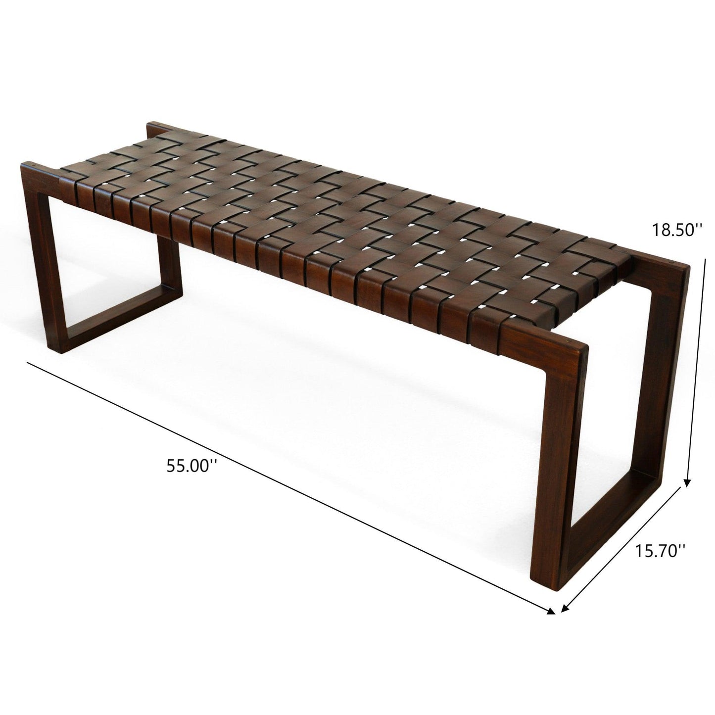 Christina Mid-Century Modern Tan Leather Bench with Solid Wood Frame and Tapered Legs 18.5'H x 55'W x 15.7'D for Living Room Bedroom Waiting Room FredCo
