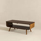 Mid-century modern slatted wood coffee table with open shelf on light background