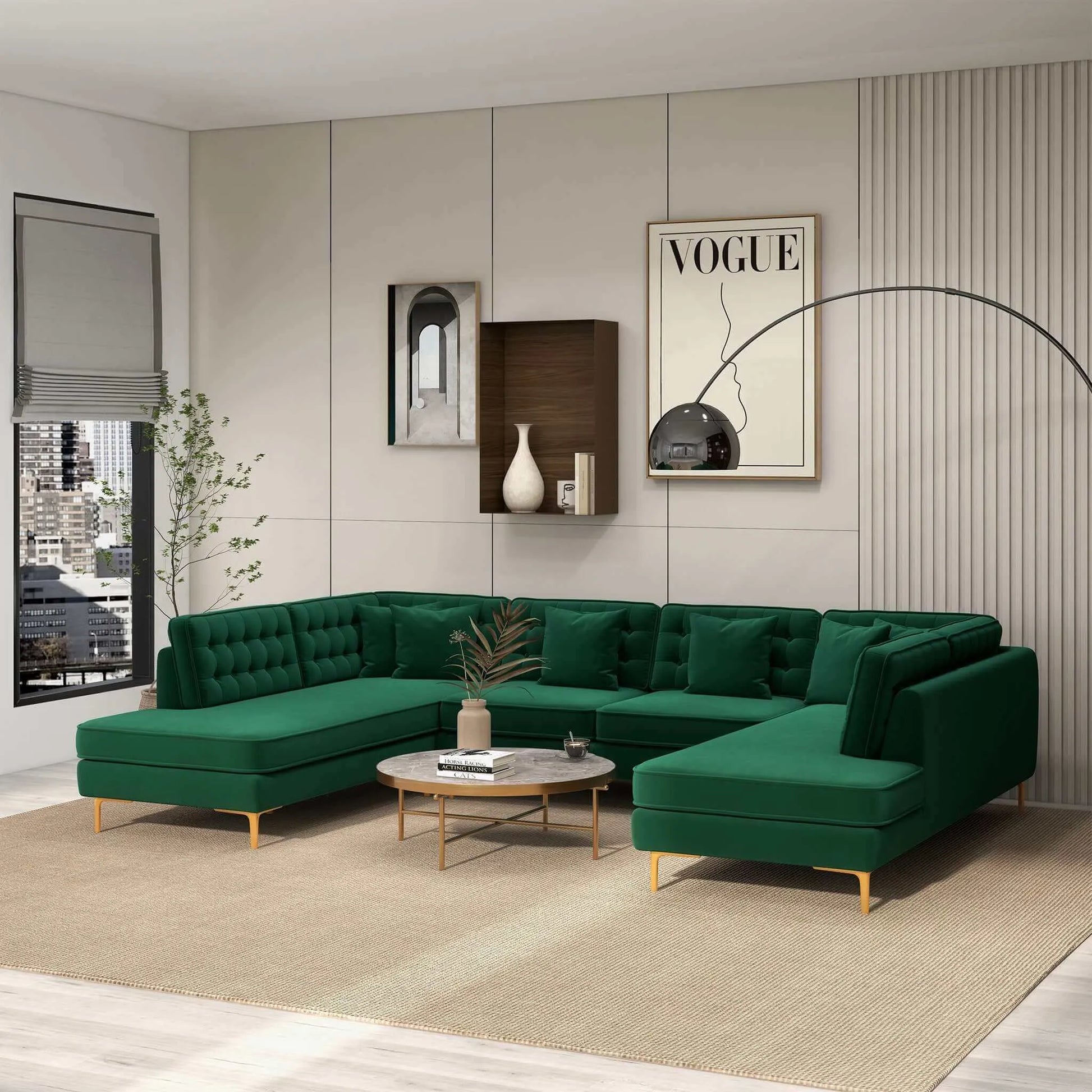 Modern living room with green sectional sofa, round coffee table, and wall decor by window