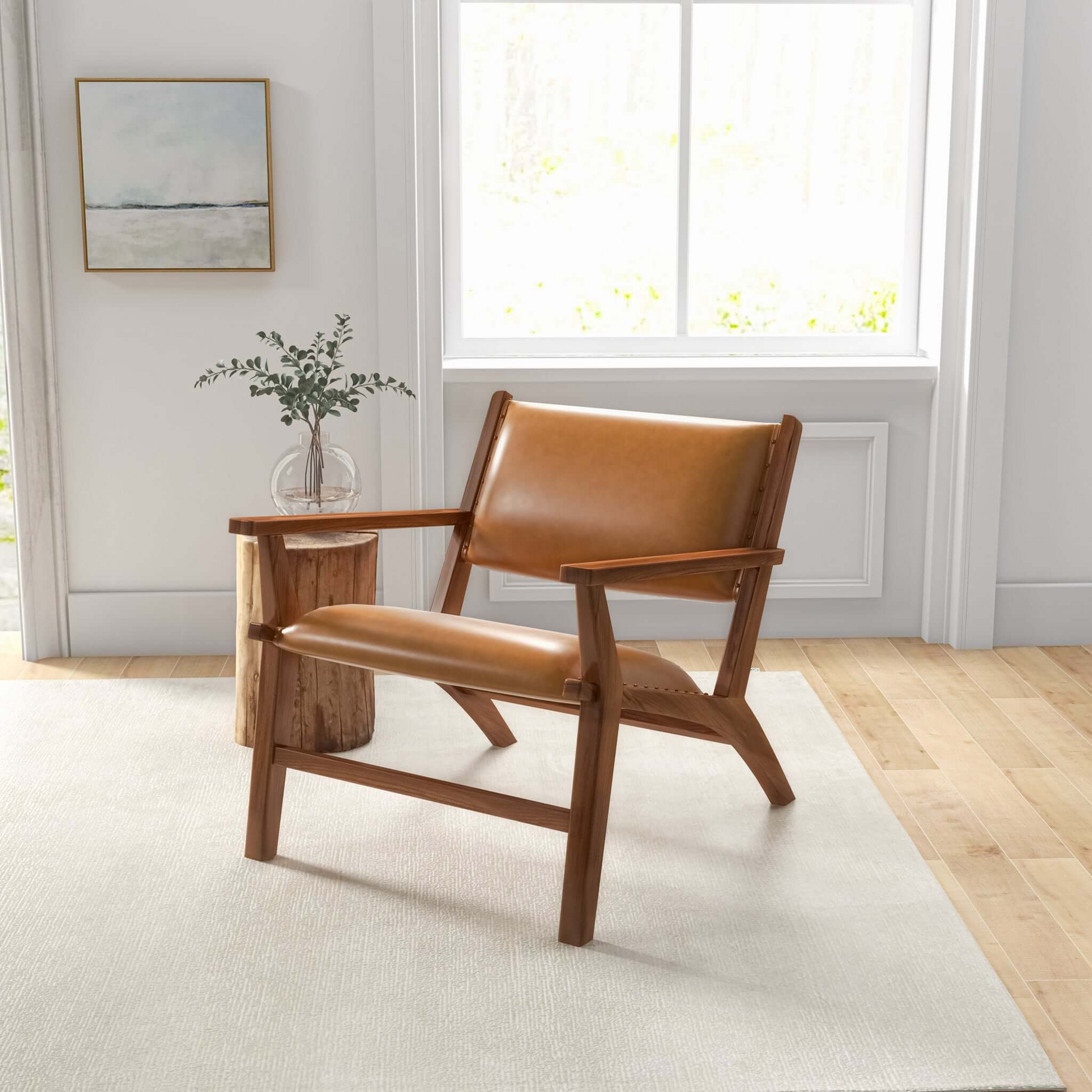 Hendrix Antique Tan Leather Arm Chair Mid-Century Modern Style with Solid Wood Frame 32' L x 26' W x 28' H for Bedroom, Living Room, Hallway FredCo