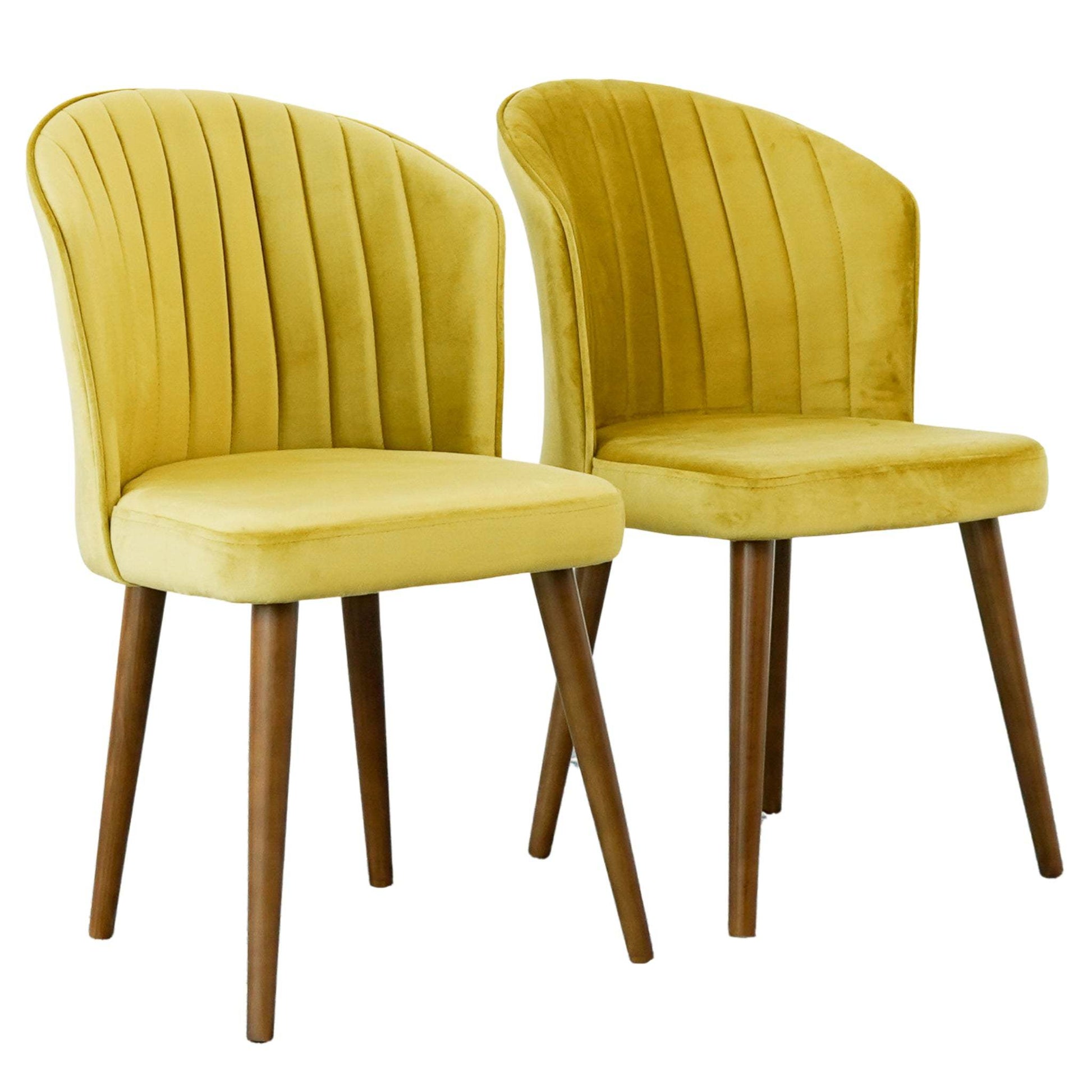 Pair of modern yellow velvet dining chairs with wood legs, FredCo International furniture