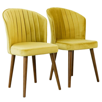 Pair of modern yellow velvet dining chairs with wood legs, FredCo International furniture