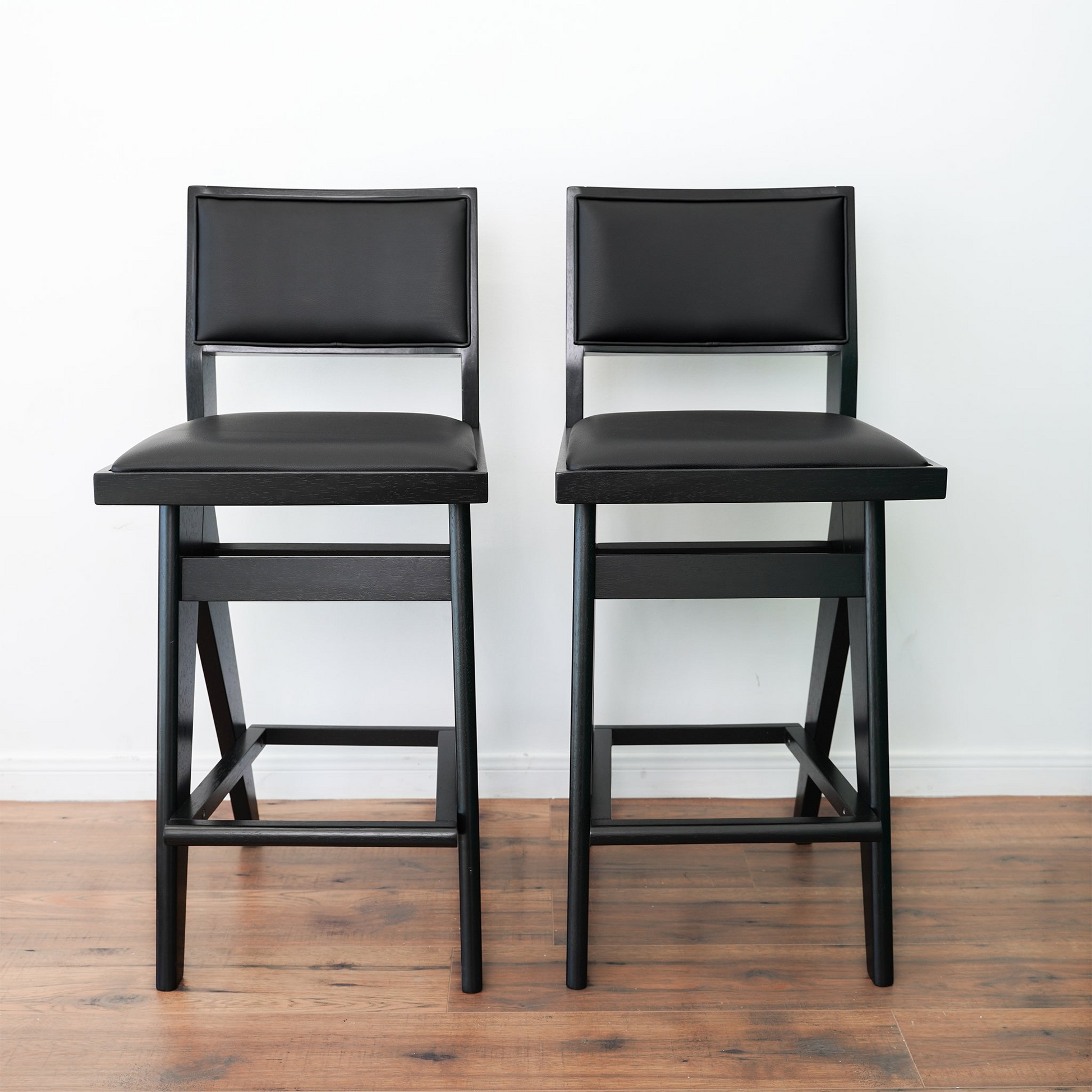 Keira Mid-Century Bar Stool Black PU Leather Solid Wood 18.11 x 17.52 x 38.58 inches Kitchen Counter Barstool with Back Bar Stool (Set of 2) FredCo