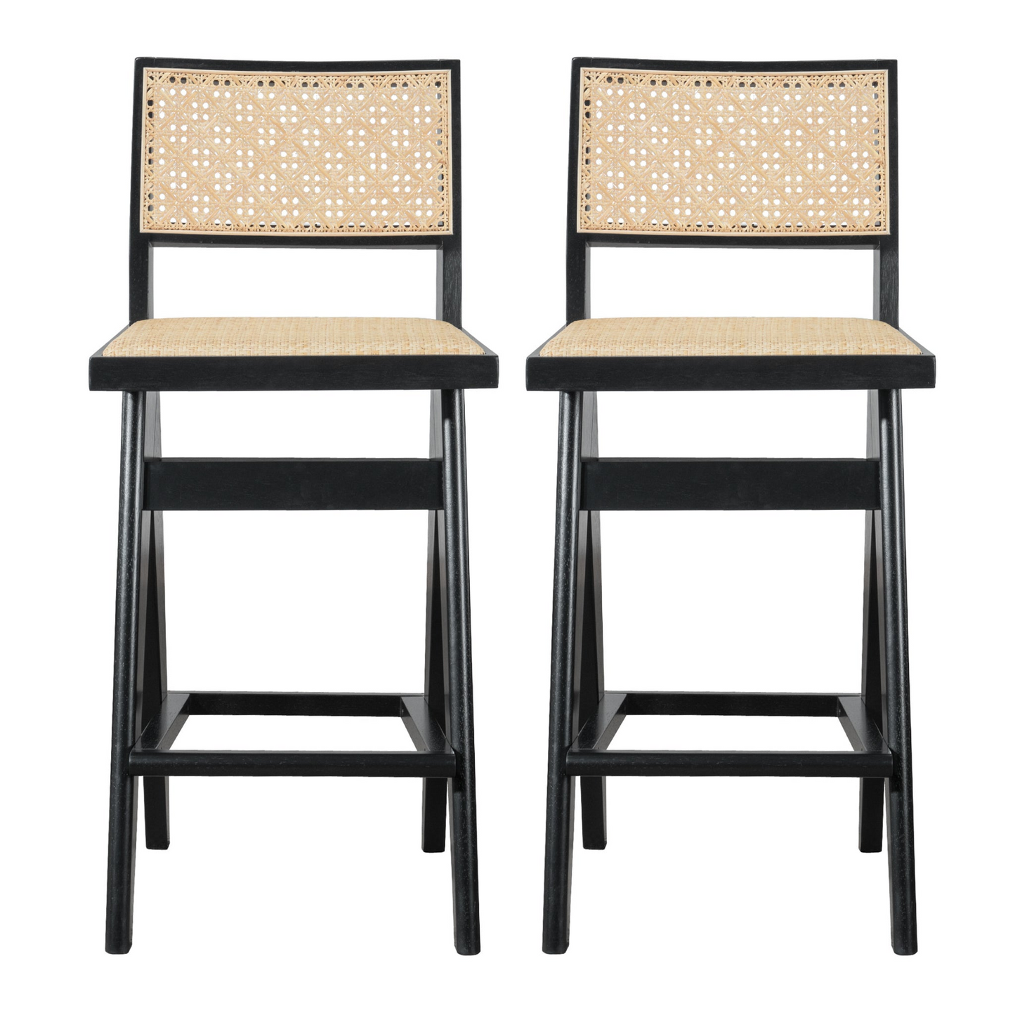 Keira Mid-Century Rattan Bar Stool Set of 2 with Leather Seat in Black 27.4In FredCo