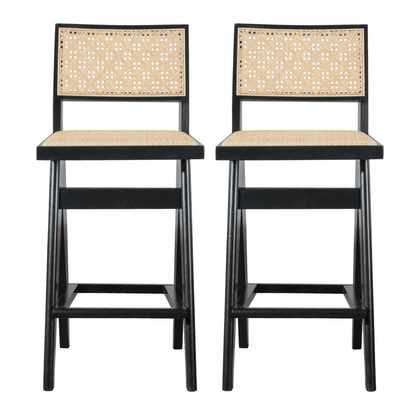 Keira Mid-Century Rattan Bar Stool Set of 2 with Leather Seat in Black 27.4In FredCo