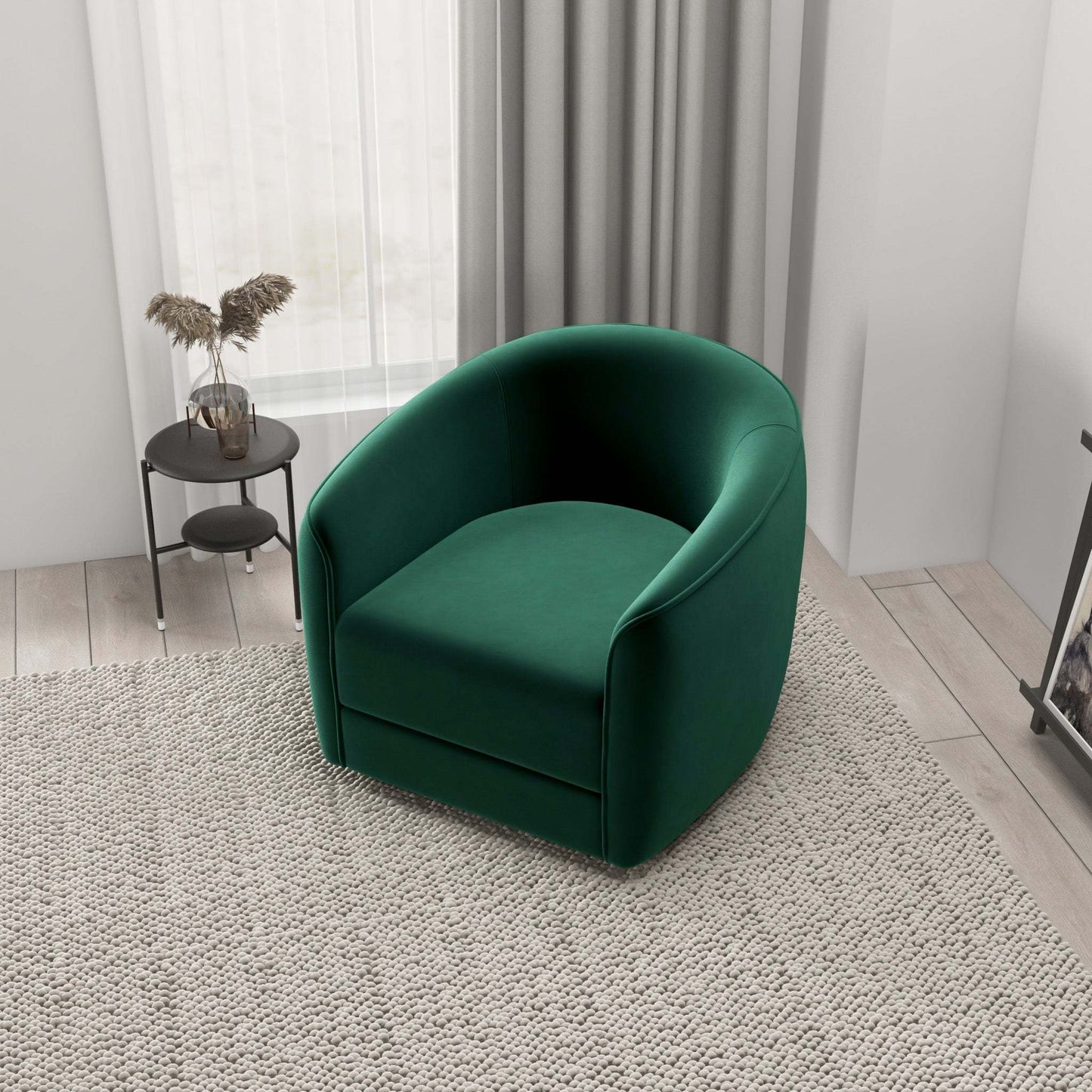 Modern green accent chair in a cozy living room with neutral decor and textured rug