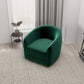 Modern green accent chair in a cozy living room with neutral decor and textured rug