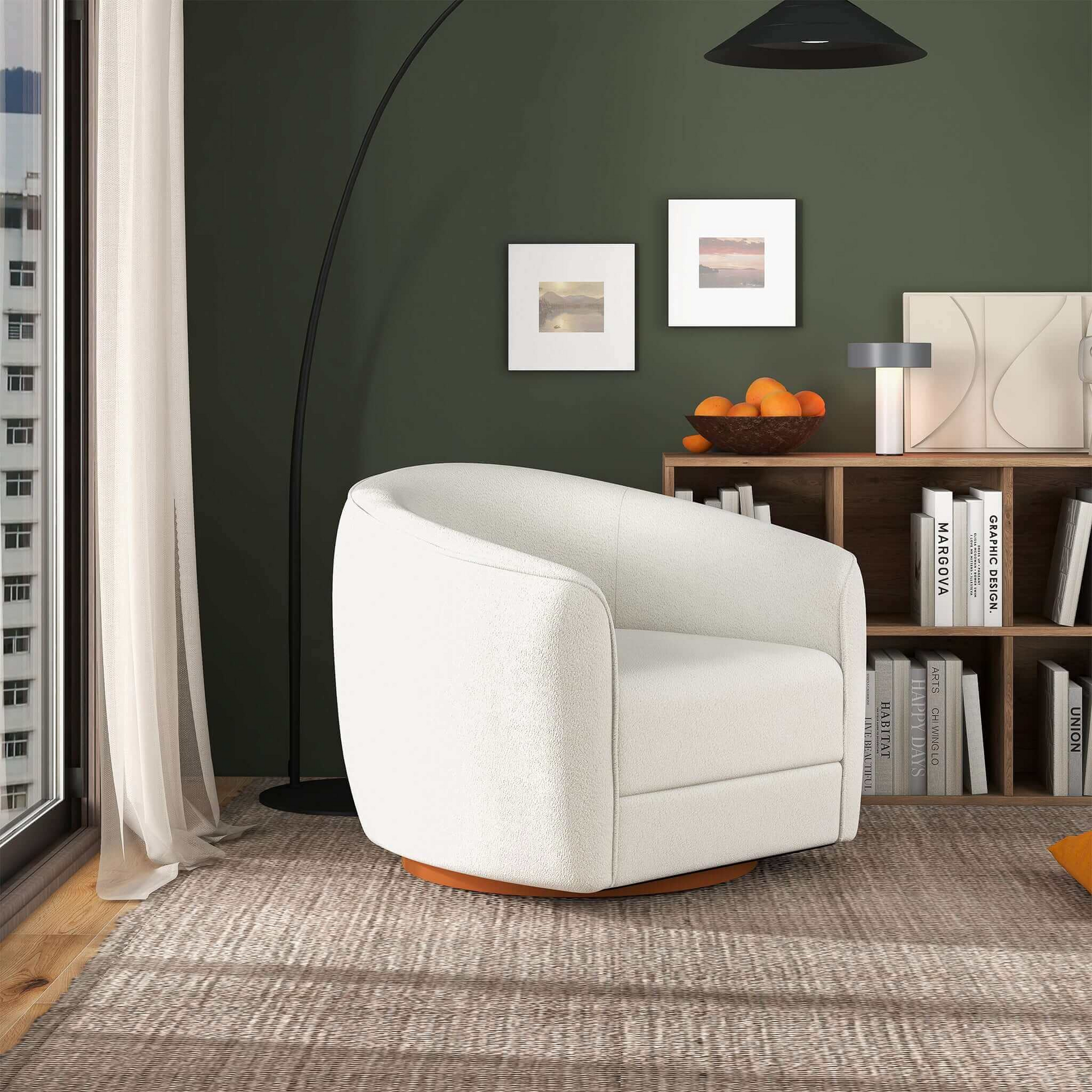 High Quality Elise Mid Century Modern Beige Boucle Swivel Chair with Elegant Design and Multi-functional Use 34.2W'x 30D'x 30H' Swivel Round Chairs for Living Room Bedroom Reading, White FredCo