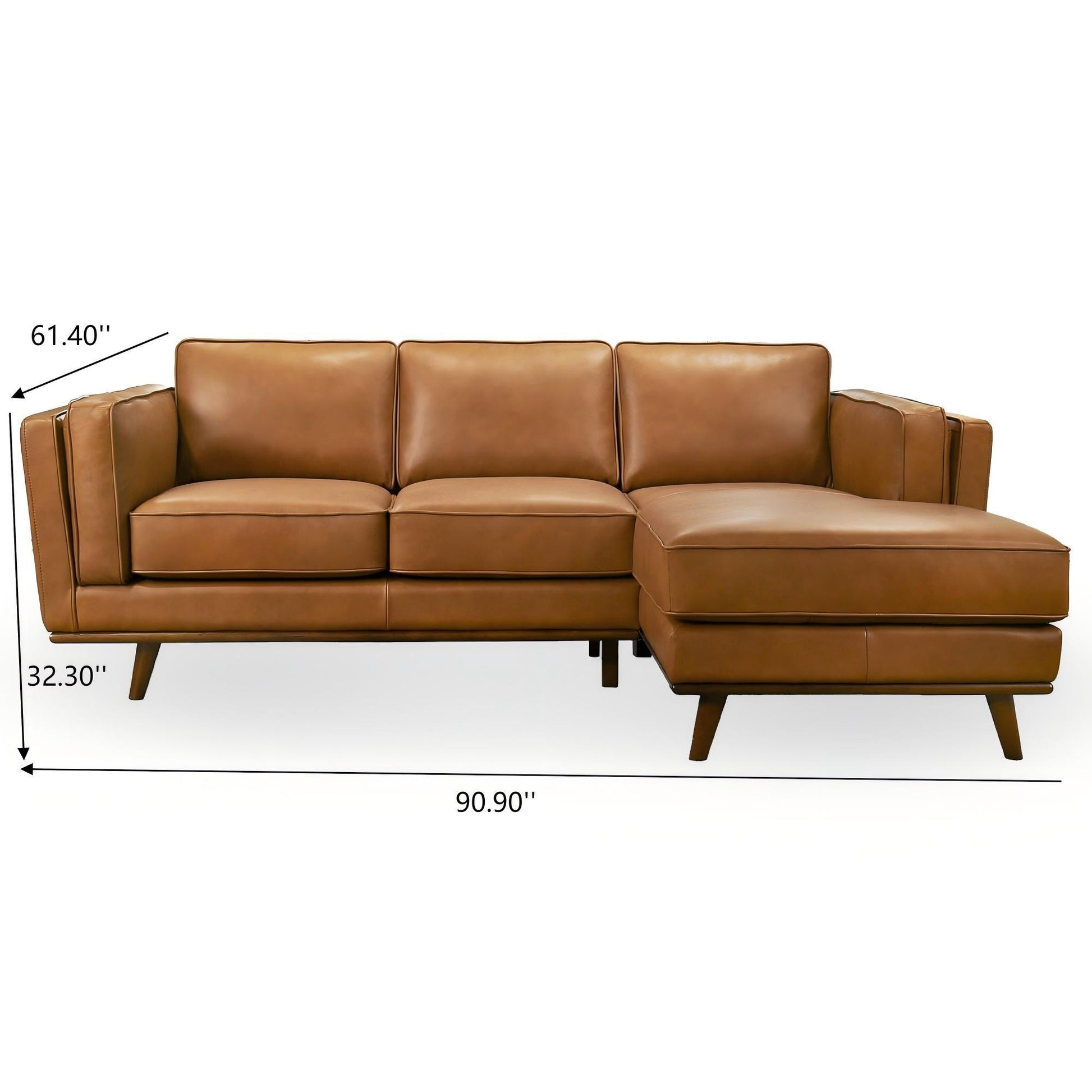 Modern brown leather sectional sofa with chaise lounge, mid-century style, FredCo International