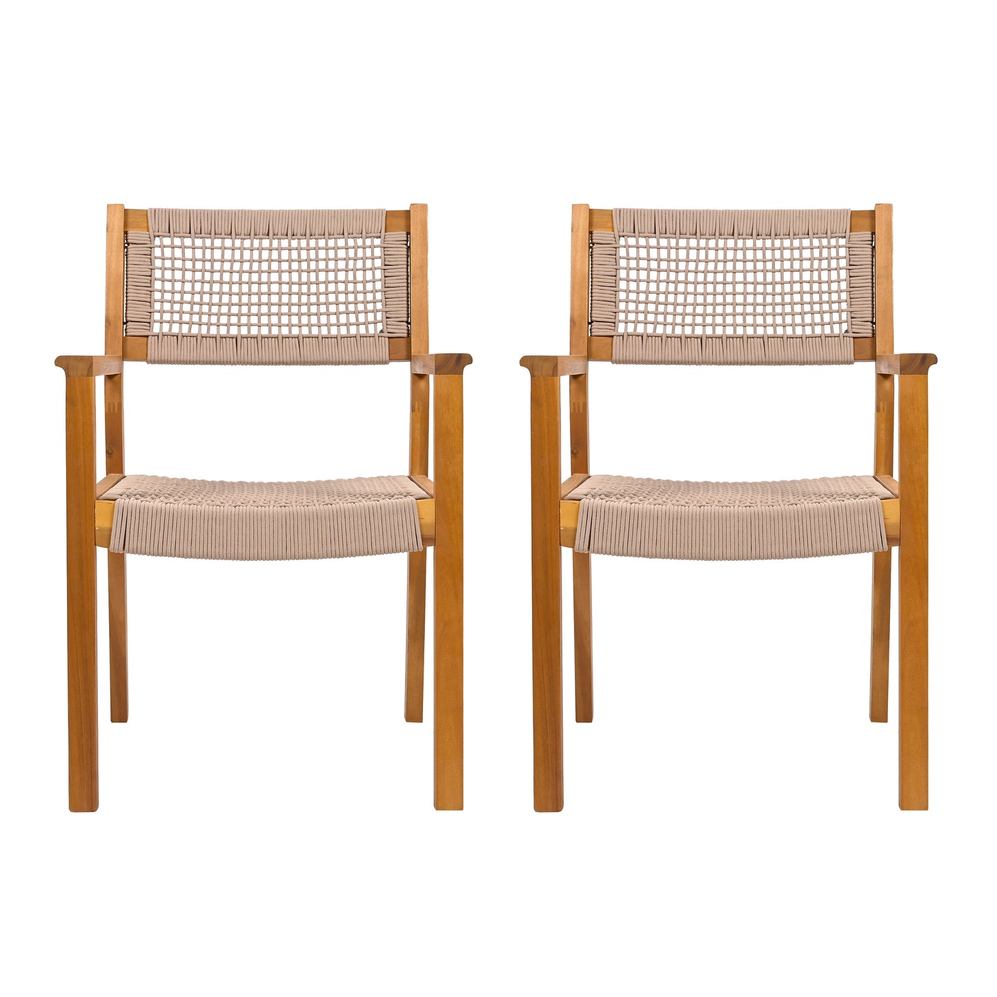 Outdoor Dining Chair Set of 2, Patio Chairs, Teak Acacia Wood, Light Brown Rope FredCo