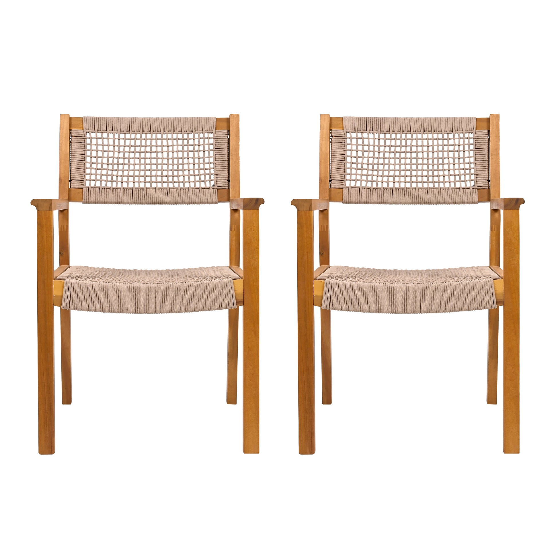 Outdoor Dining Chair Set of 2, Patio Chairs, Teak Acacia Wood, Light Brown Rope FredCo