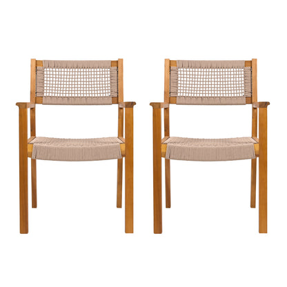 Outdoor Dining Chair Set of 2, Patio Chairs, Teak Acacia Wood, Light Brown Rope FredCo