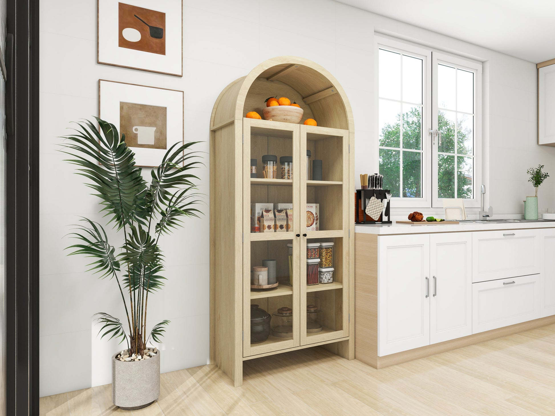 70.28' Tall Arched Kitchen Pantry, Modern Farmhouse Wood Cabinet FredCo