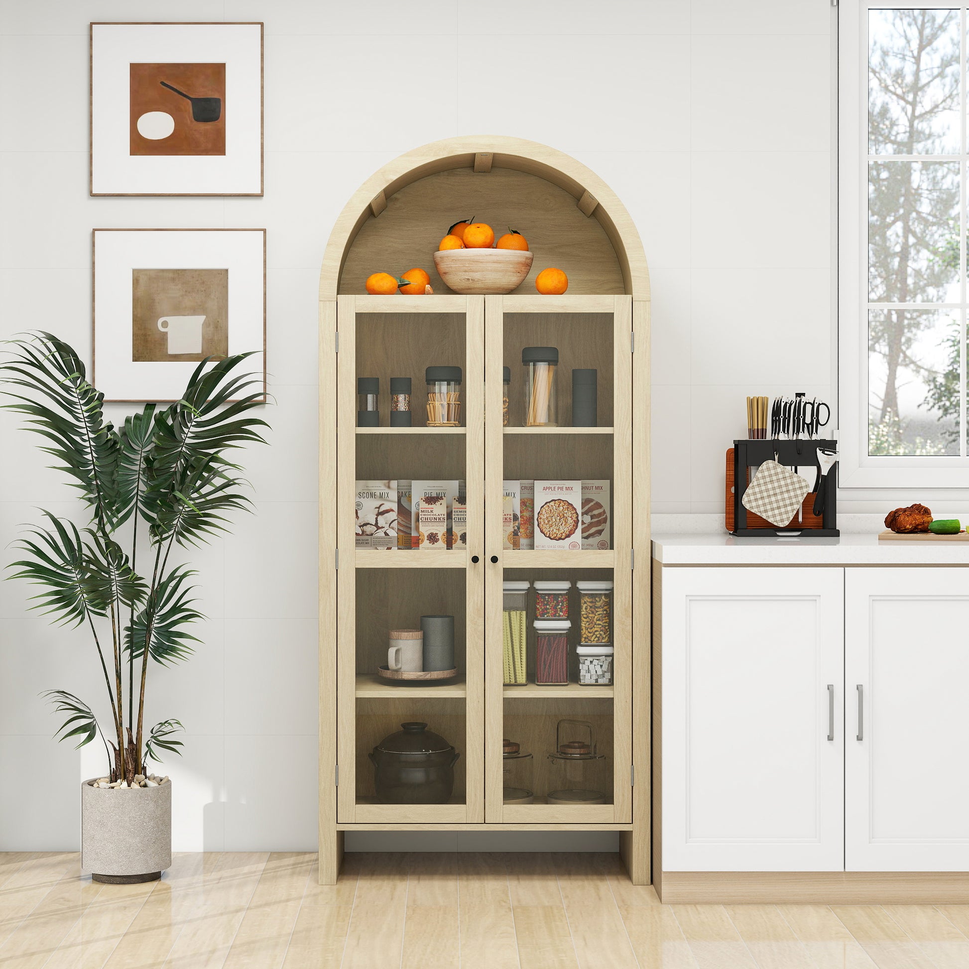 70.28' Tall Arched Kitchen Pantry, Modern Farmhouse Wood Cabinet FredCo