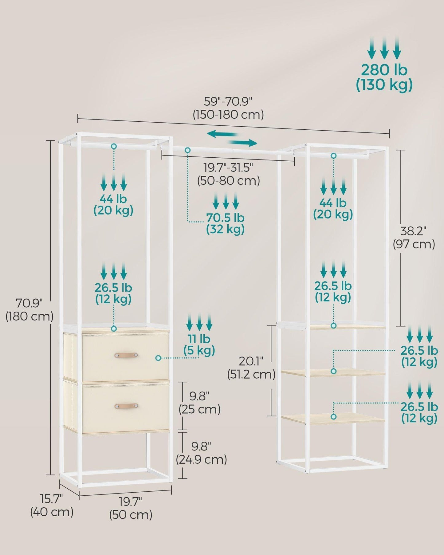 70.9” Wide Freestanding Clothes Rack Natural Beige FredCo