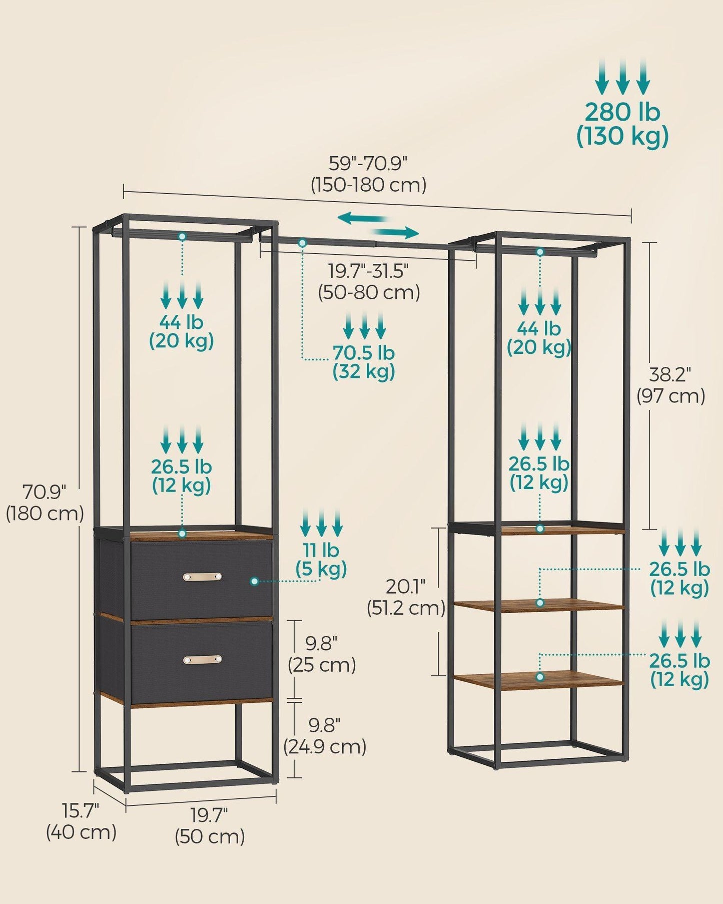 70.9” Wide Freestanding Clothes Rack Rustic Brown FredCo