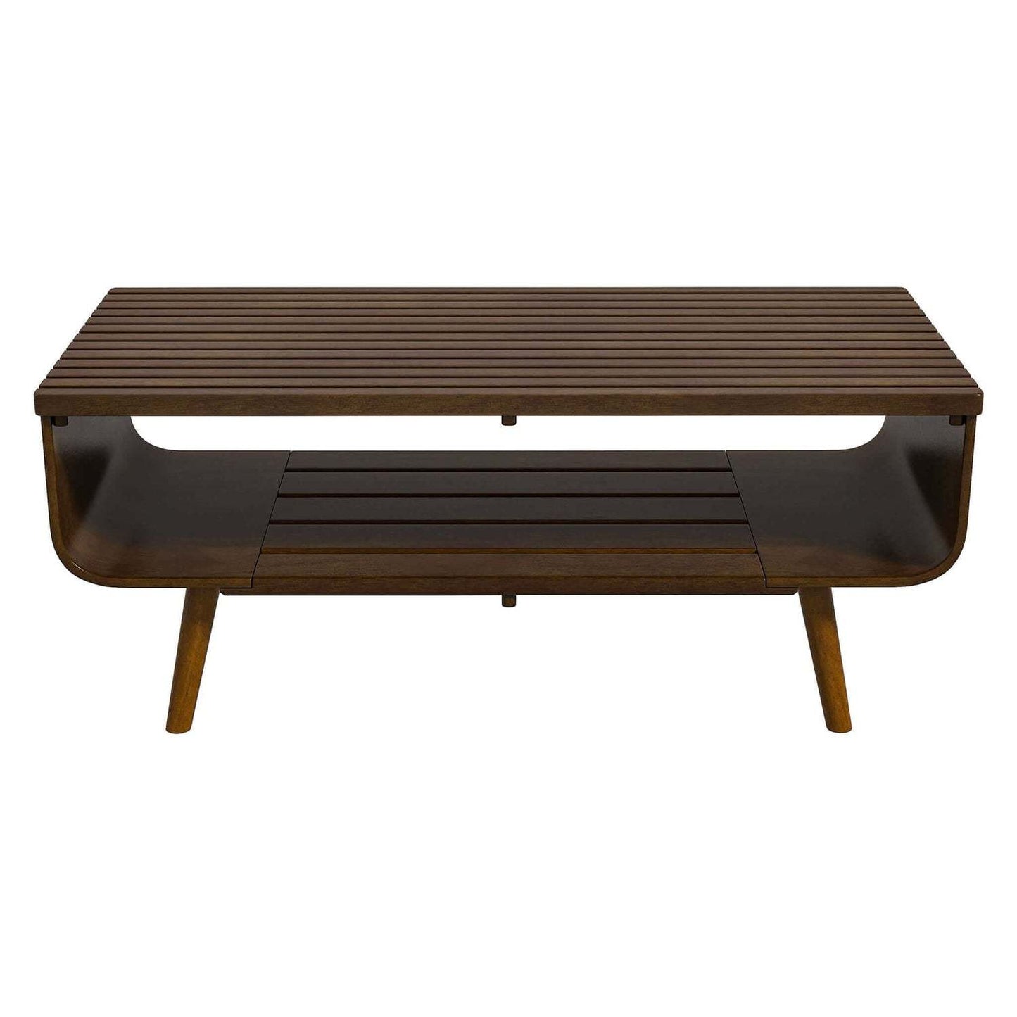 Mid-century modern wooden coffee table with slatted top and lower shelf, FredCo International