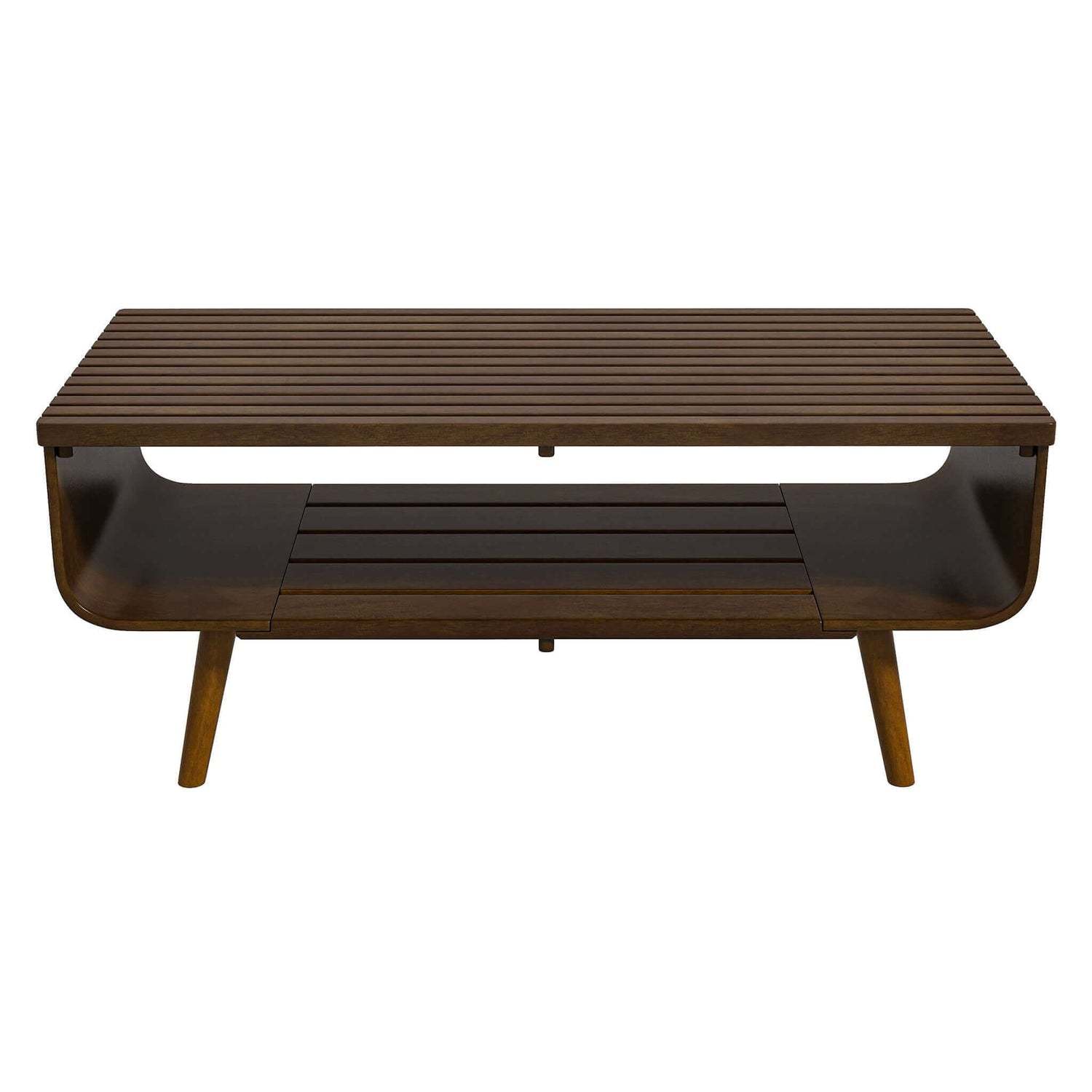 Mid-century modern wooden coffee table with slatted top and lower shelf, FredCo International