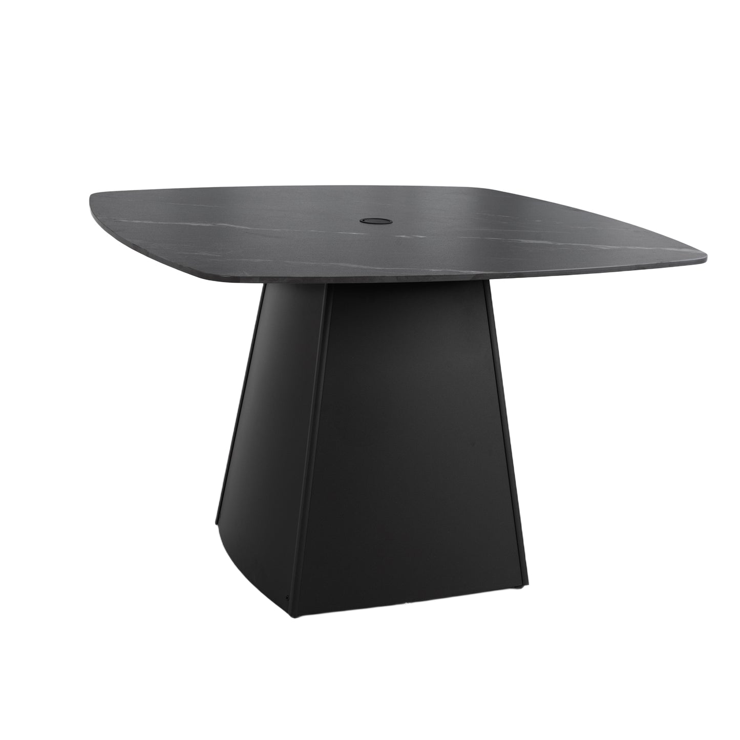 Modern 44' Rounded Square Outdoor Pedestal Dining Table, Black Sintered Stone Top, Flared Pyramid Aluminum Pedestal Base, Weather-Resistant, Rust-Free, for Patio, Deck, Poolside, Balcony – Seats 4