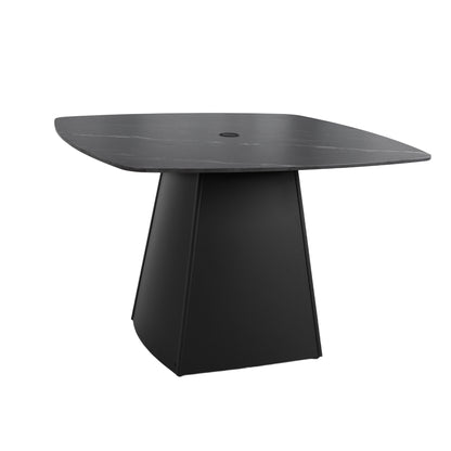 Modern 44' Rounded Square Outdoor Pedestal Dining Table, Black Sintered Stone Top, Flared Pyramid Aluminum Pedestal Base, Weather-Resistant, Rust-Free, for Patio, Deck, Poolside, Balcony – Seats 4