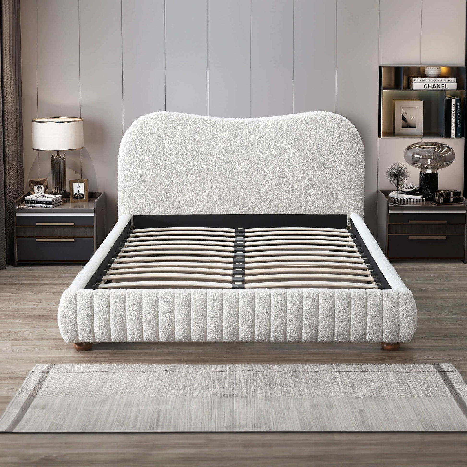 Modern white upholstered bed frame with textured headboard in elegant bedroom setting, FredCo International furniture.