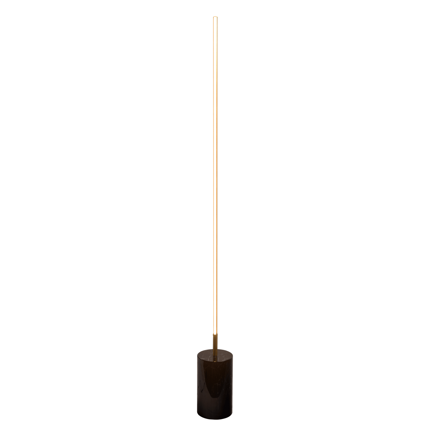 Modern minimalist floor lamp with slim gold pole and round black base, FredCo International furniture