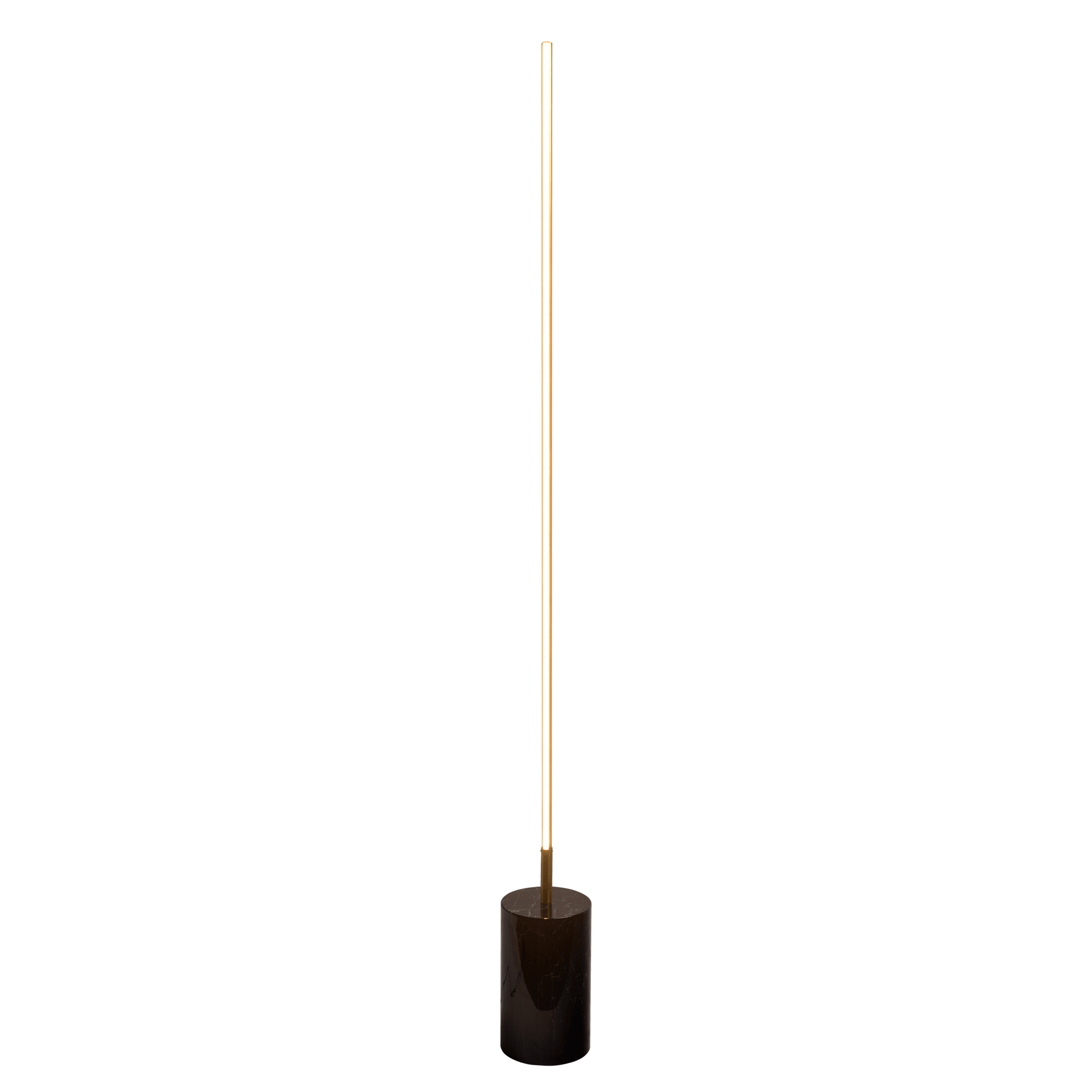 Modern minimalist floor lamp with slim gold pole and round black base, FredCo International furniture