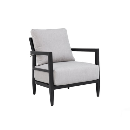 Modern Outdoor Fully Weld Lounge Chair with Ember Black Aluminum Frame, Ergonomic Backrest, Tapered Legs, Sunbrella Cast Silver Cushion, Weather-Resistant & Durable Patio Seating