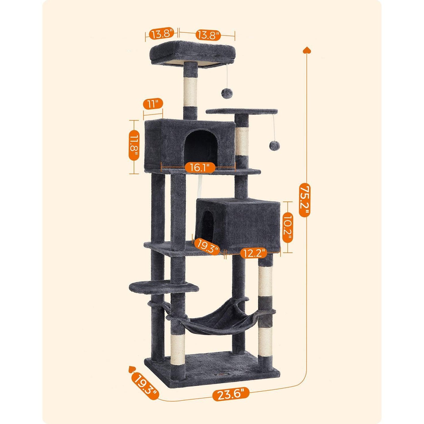 75.2-Inch Large Cat Tree Smoky Gray FredCo
