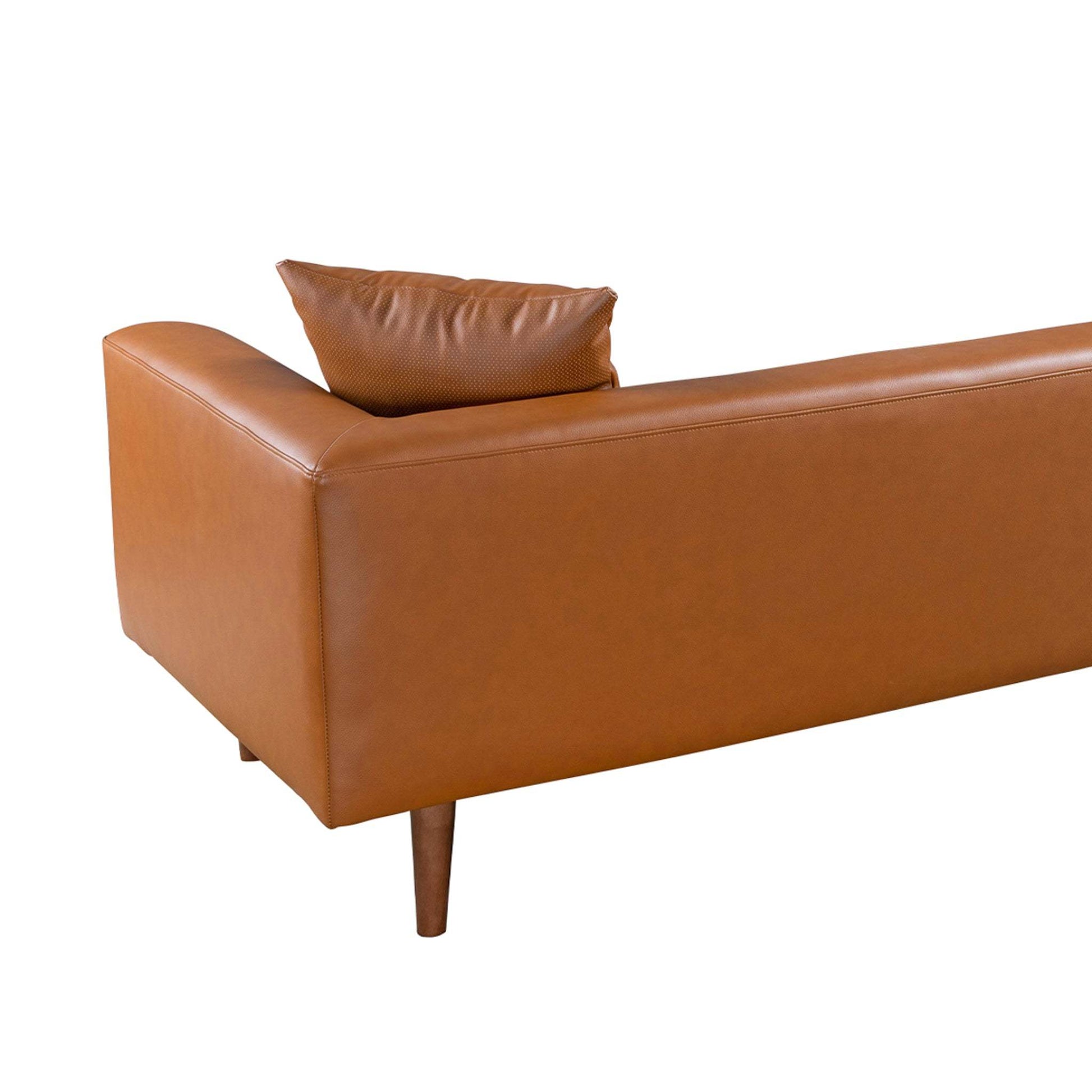 Modern brown leather sofa with wooden legs and cushion, FredCo International furniture