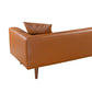 Modern brown leather sofa with wooden legs and cushion, FredCo International furniture
