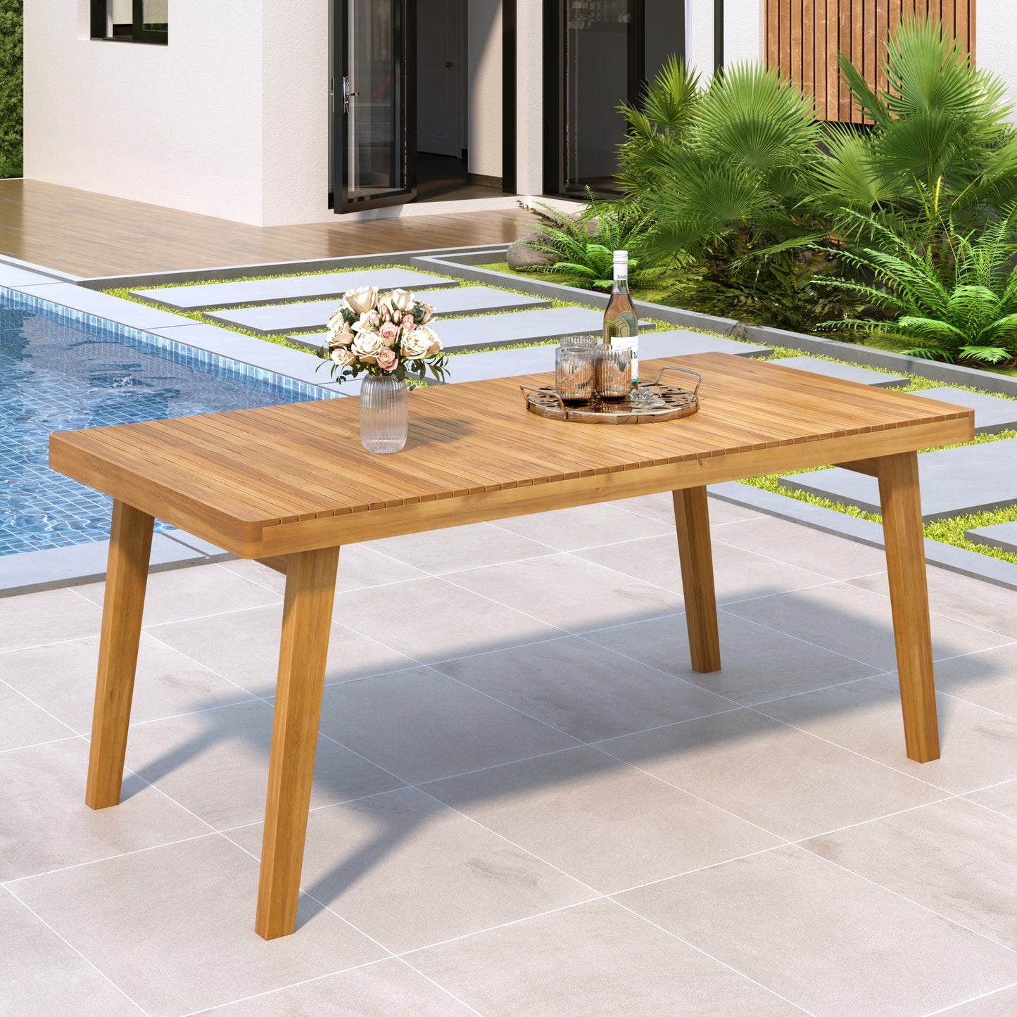 69' Acacia Wood Outdoor Dining Table with Slatted Top, 300 lbs Weight Capacity, Ideal for Patio & Garden Gatherings, Natural Color FredCo