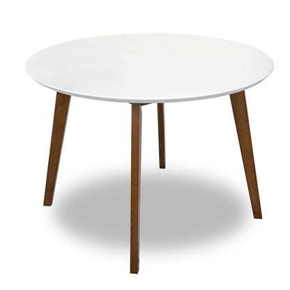 Modern round dining table with white top and wooden legs from FredCo International