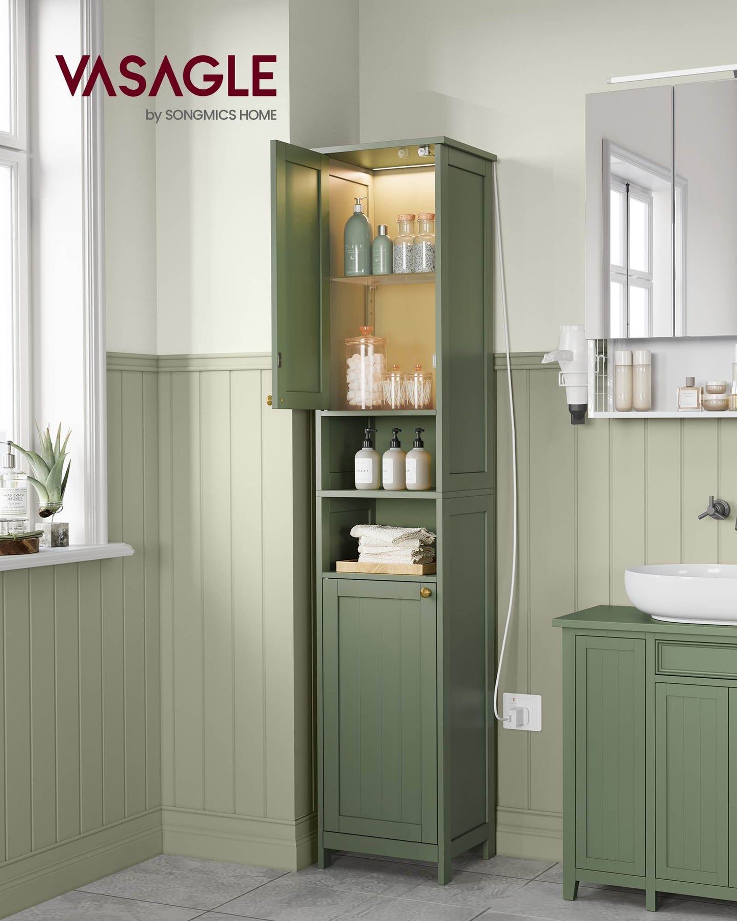 VASAGLE Tall Bathroom Cabinet with Lights – Forest Green