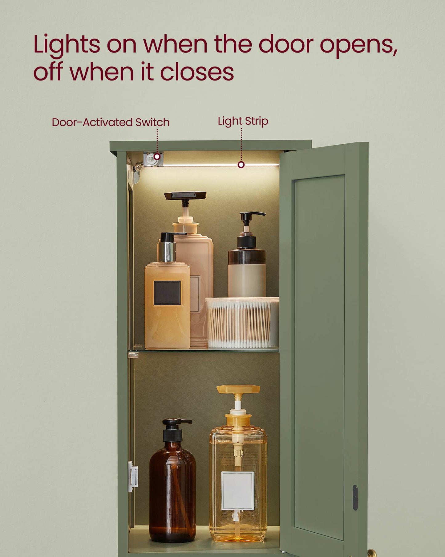 VASAGLE Tall Bathroom Cabinet with Lights – Forest Green